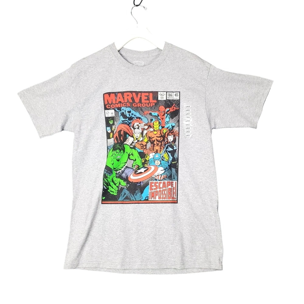 Marvel Mens Retro Comic Core Graphic T-Shirt L Gray Avengers Spider-Man Tee NEW